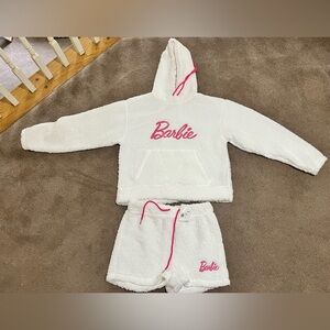 Barbie White Sherpa Hoodie & Shorts Set with Hot Pink Accents